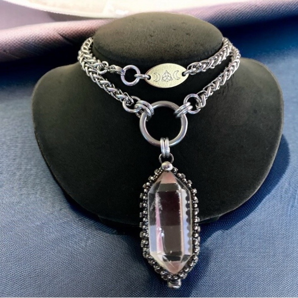 Natural Crystal quartz black electroplated boho goth stainless steel necklace